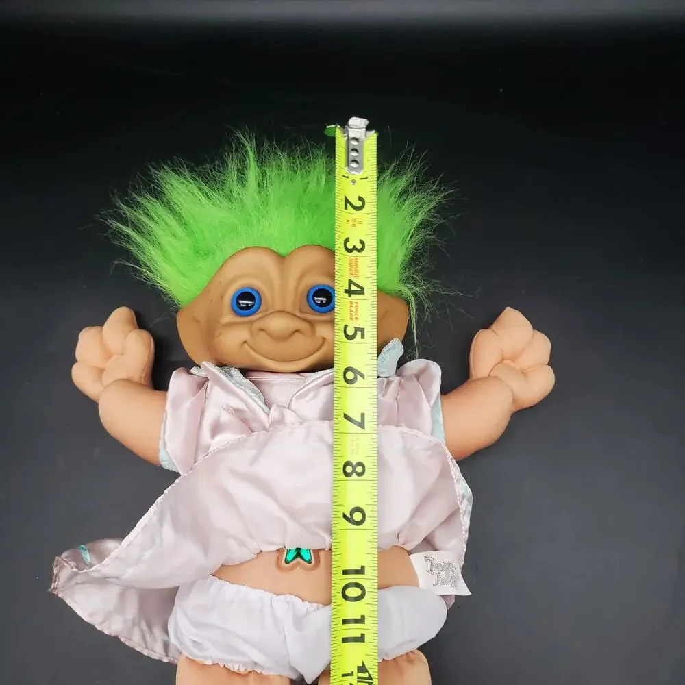 Russ Troll Doll Green Hair Pink Satin Dress Plush Body Heart Gem 16